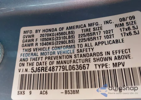 2009 Honda Cr-V Ex-L from USA, damaged, VIN 5J6RE48779L063667